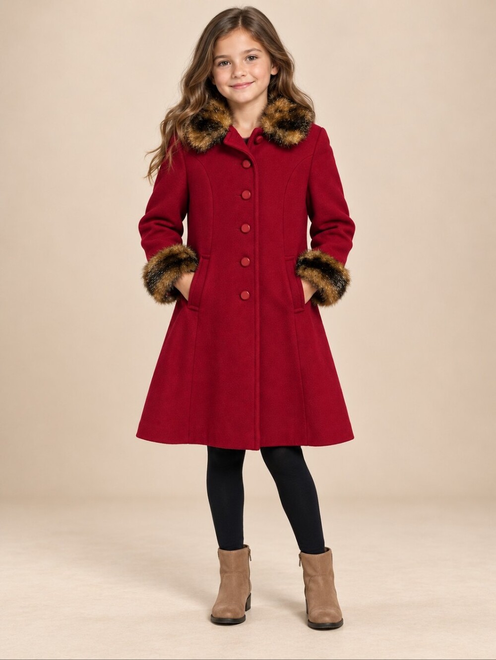 Girls' Red Wool-Blend Peacoat with Faux Fur Trim
